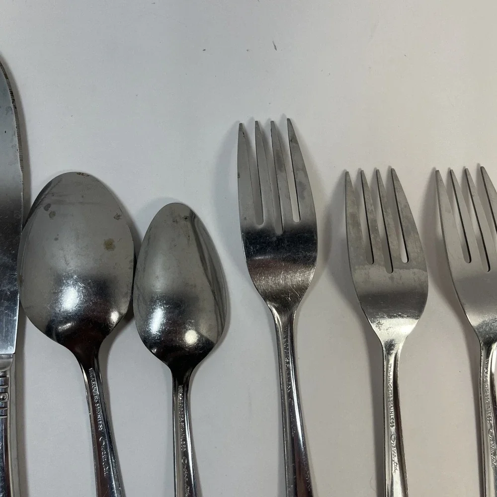 Set of 8 Oneida AZTEC ENCORE pattern stainless dinner  Wm Rogers